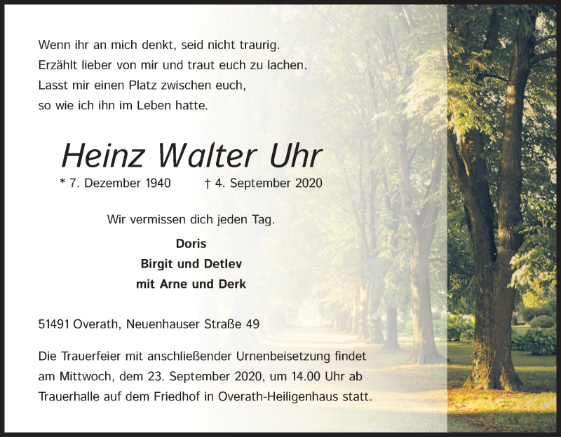  Traueranzeige für Heinz Walter Uhr vom 19.09.2020 aus Kölner Stadt-Anzeiger / Kölnische Rundschau / Express