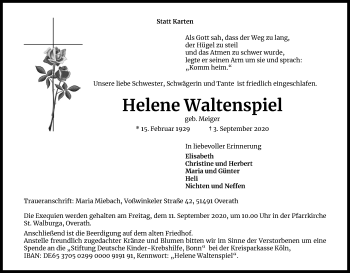 Anzeige von Helene Waltenspiel von Kölner Stadt-Anzeiger / Kölnische Rundschau / Express