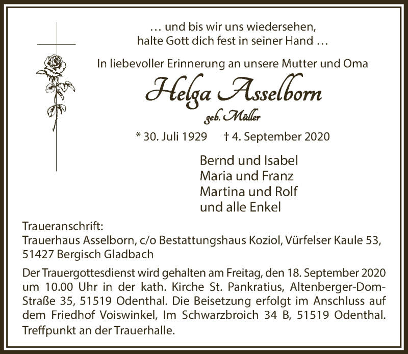  Traueranzeige für Helga Asselborn vom 11.09.2020 aus  Bergisches Handelsblatt 