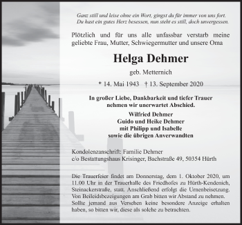 Anzeige von Helga Dehmer von  Wochenende 