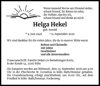 Anzeige von Helga Hekel von Kölner Stadt-Anzeiger / Kölnische Rundschau / Express