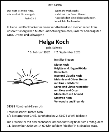 Anzeige von Helga Koch von Kölner Stadt-Anzeiger / Kölnische Rundschau / Express