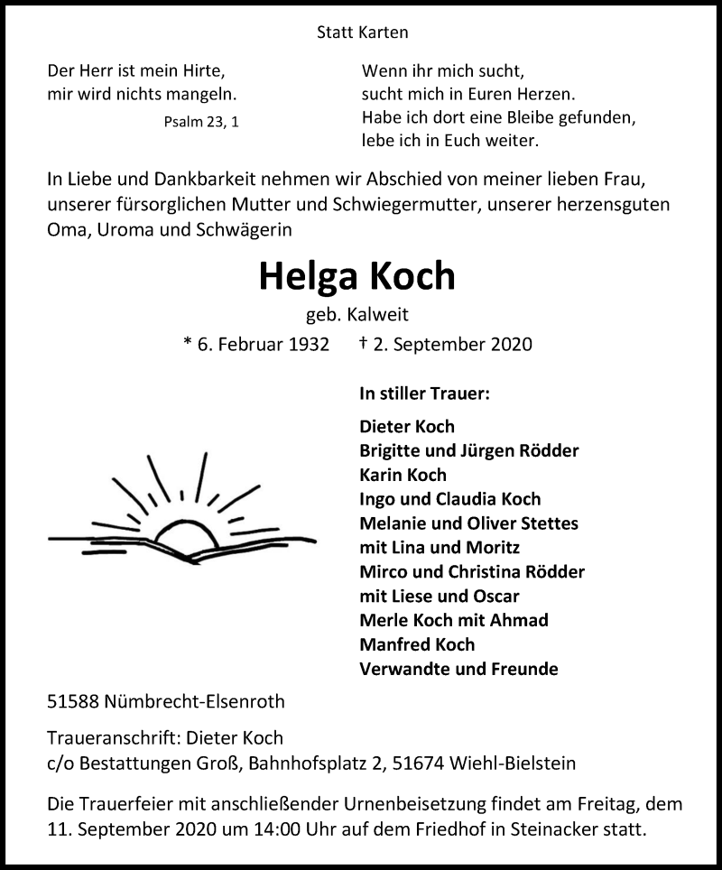  Traueranzeige für Helga Koch vom 05.09.2020 aus Kölner Stadt-Anzeiger / Kölnische Rundschau / Express