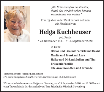 Anzeige von Helga Kuchheuser von Kölner Stadt-Anzeiger / Kölnische Rundschau / Express