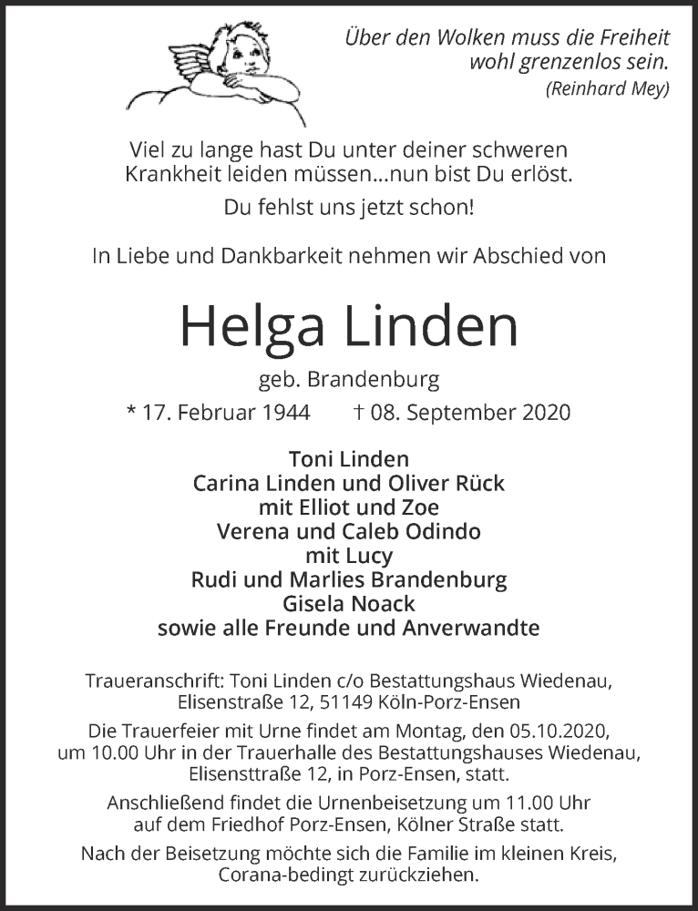  Traueranzeige für Helga Linden vom 25.09.2020 aus  Kölner Wochenspiegel 