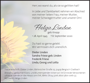 Anzeige von Helga Linden von Kölner Stadt-Anzeiger / Kölnische Rundschau / Express