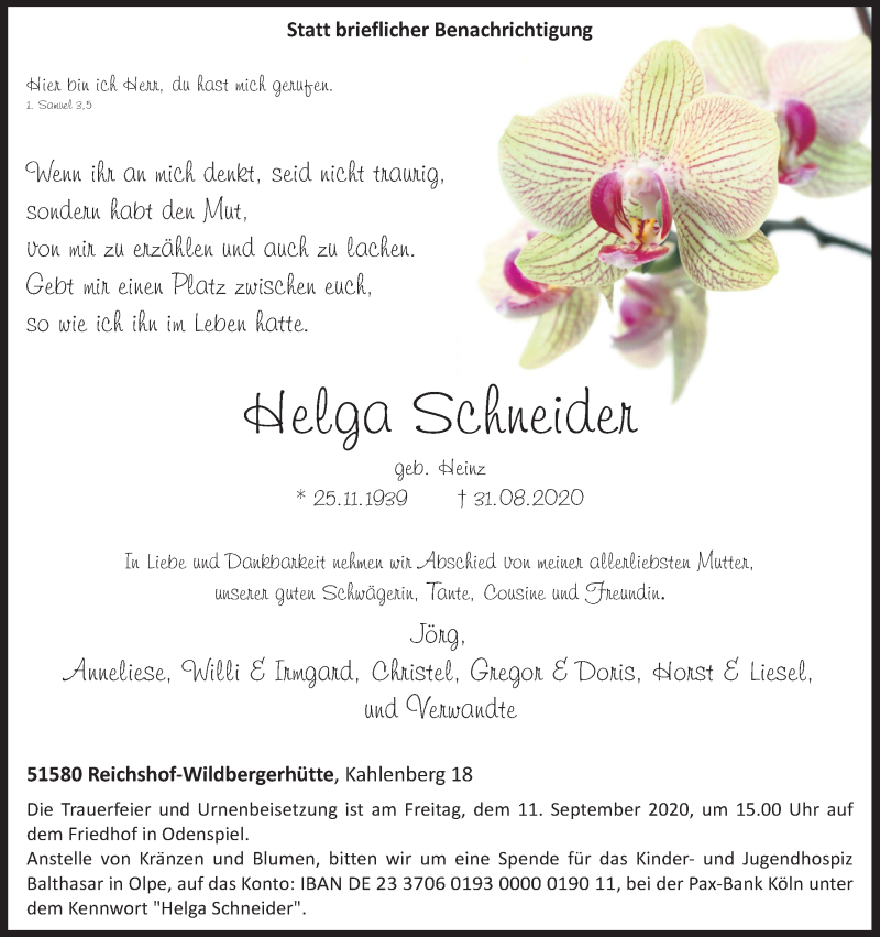  Traueranzeige für Helga Schneider vom 05.09.2020 aus Kölner Stadt-Anzeiger / Kölnische Rundschau / Express