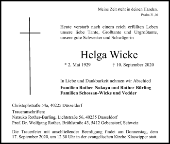 Anzeige von Helga Wicke von Kölner Stadt-Anzeiger / Kölnische Rundschau / Express