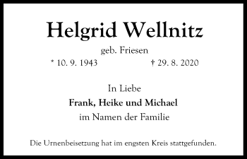 Anzeige von Helgrid Wellnitz von Kölner Stadt-Anzeiger / Kölnische Rundschau / Express