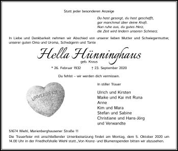 Anzeige von Hella Hünninghaus von Kölner Stadt-Anzeiger / Kölnische Rundschau / Express