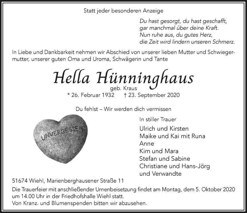  Traueranzeige für Hella Hünninghaus vom 01.10.2020 aus  Anzeigen Echo 