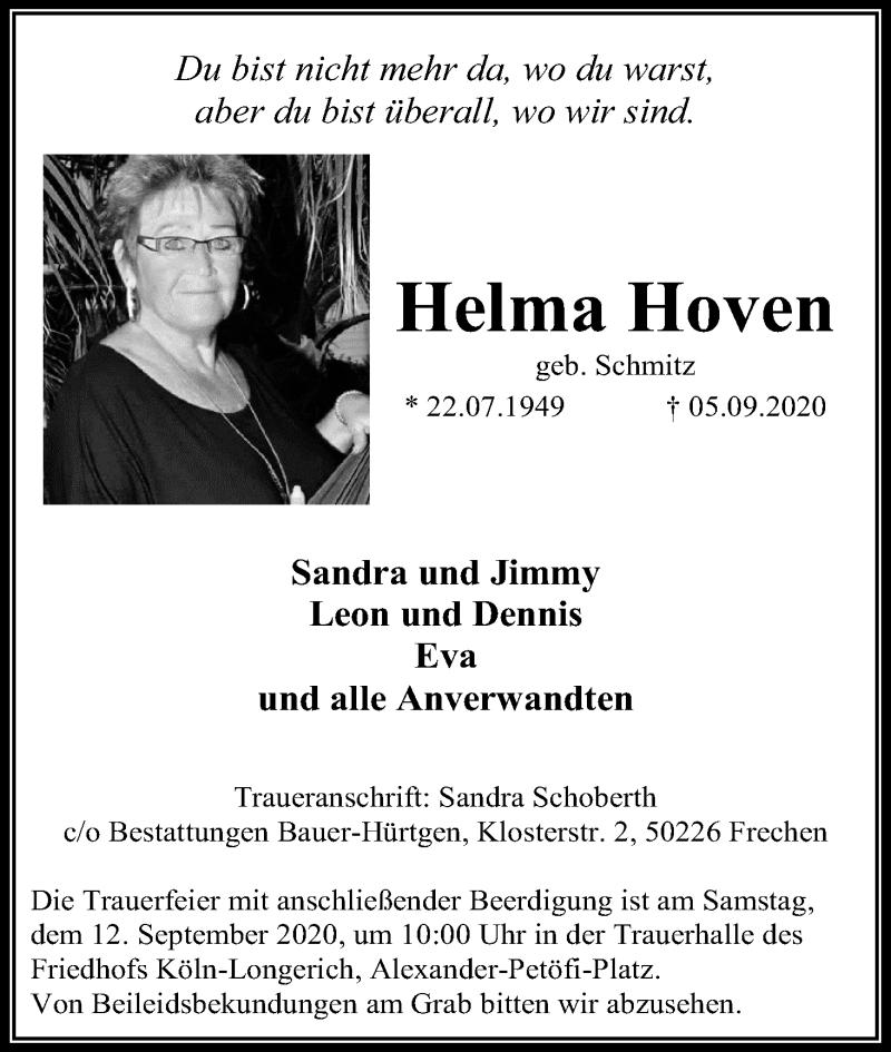  Traueranzeige für Helma Hoven vom 09.09.2020 aus Kölner Stadt-Anzeiger / Kölnische Rundschau / Express