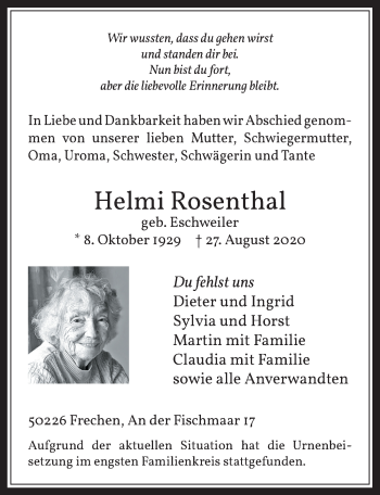 Anzeige von Helmi Rosenthal von  Wochenende 