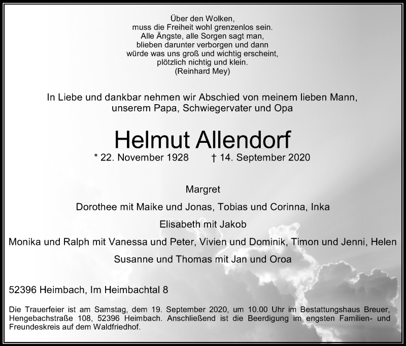  Traueranzeige für Helmut Allendorf vom 17.09.2020 aus Kölner Stadt-Anzeiger / Kölnische Rundschau / Express