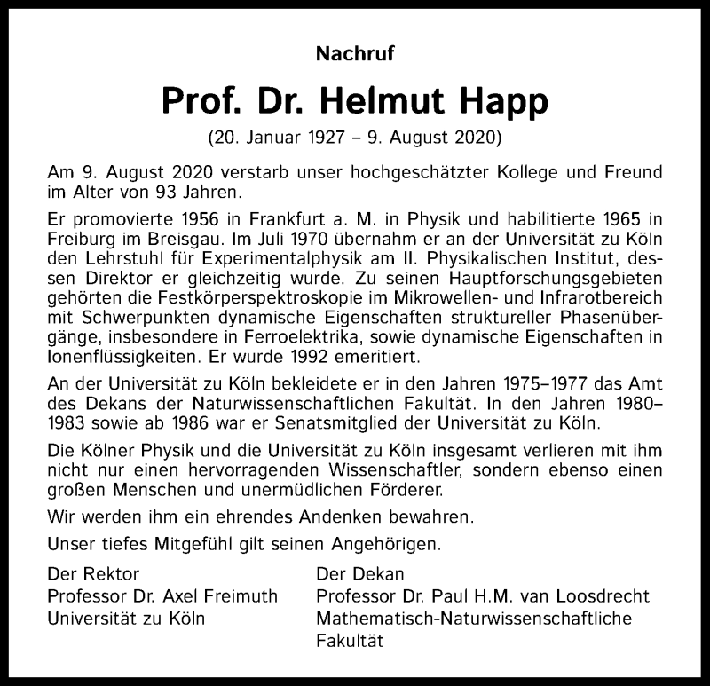  Traueranzeige für Helmut Happ vom 12.09.2020 aus Kölner Stadt-Anzeiger / Kölnische Rundschau / Express