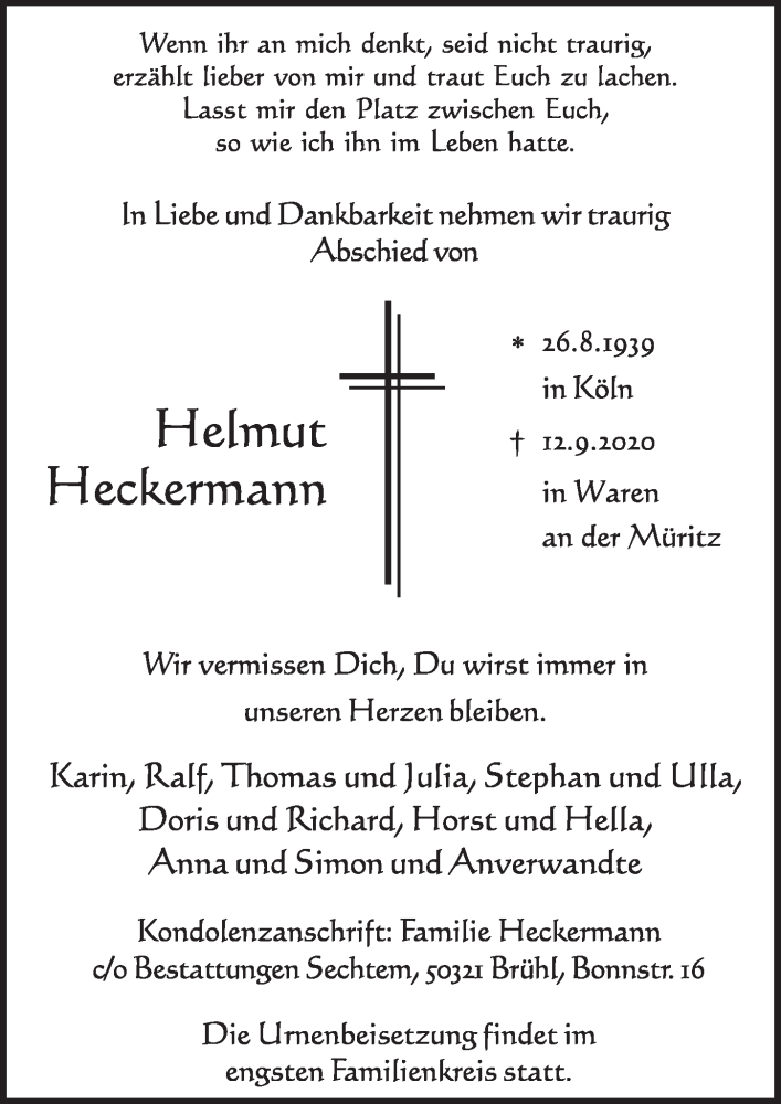  Traueranzeige für Helmut Heckermann vom 01.10.2020 aus  Schlossbote/Werbekurier 