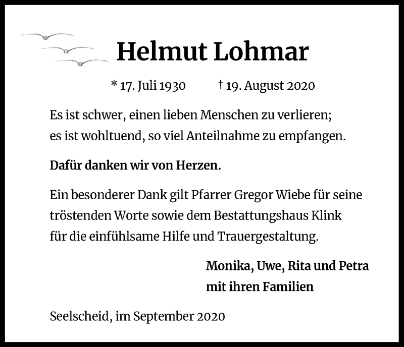  Traueranzeige für Helmut Lohmar vom 26.09.2020 aus Kölner Stadt-Anzeiger / Kölnische Rundschau / Express