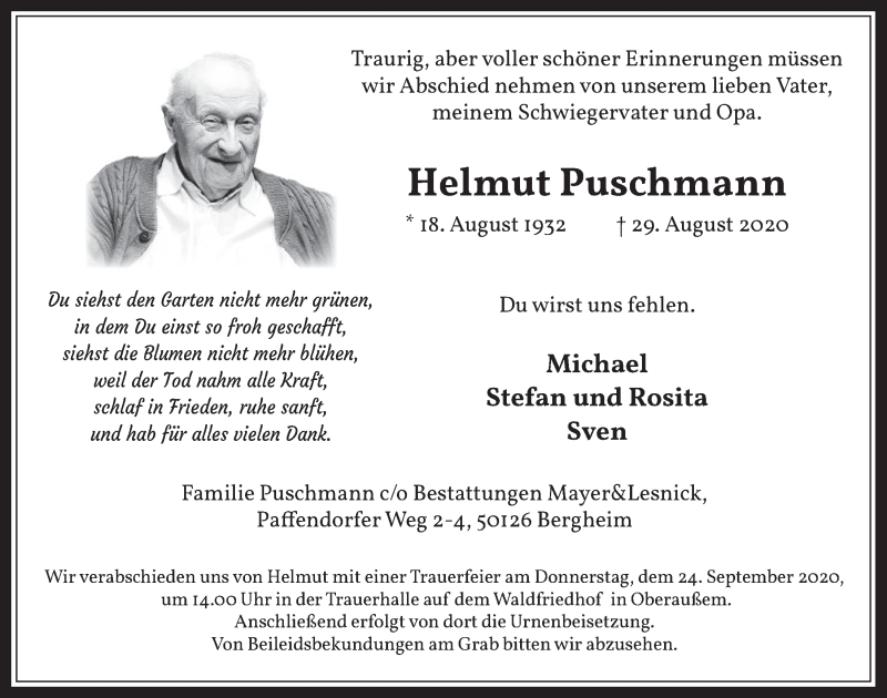 Traueranzeige für Helmut Puschmann vom 11.09.2020 aus  Werbepost 