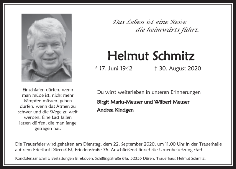  Traueranzeige für Helmut Schmitz vom 18.09.2020 aus  Werbepost 
