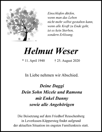 Anzeige von Helmut Weser von Kölner Stadt-Anzeiger / Kölnische Rundschau / Express