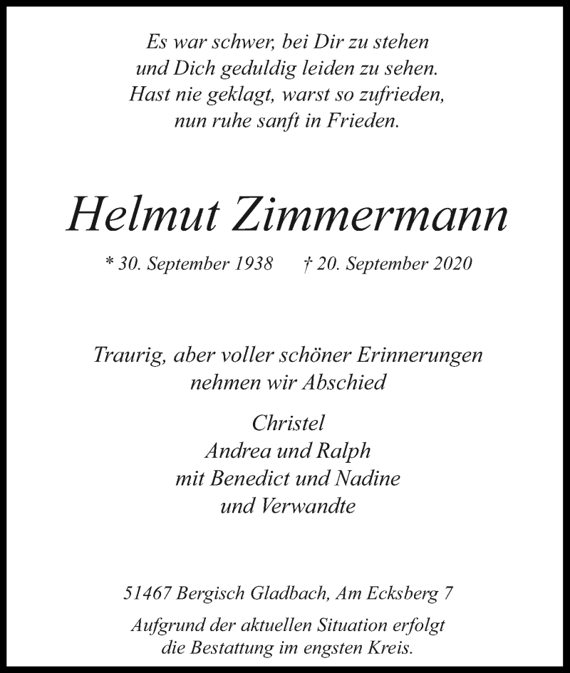  Traueranzeige für Helmut Zimmermann vom 26.09.2020 aus Kölner Stadt-Anzeiger / Kölnische Rundschau / Express