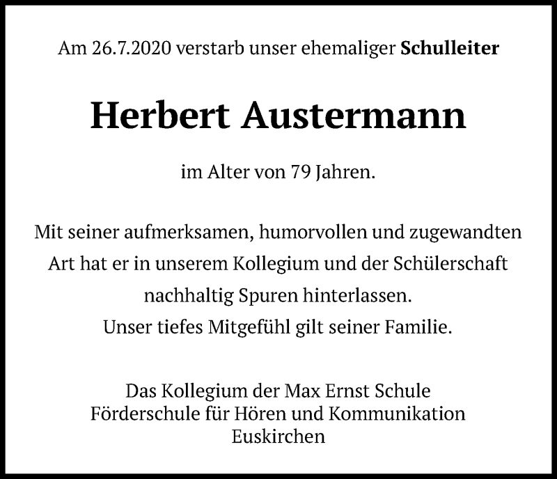  Traueranzeige für Herbert Austermann vom 08.09.2020 aus Kölner Stadt-Anzeiger / Kölnische Rundschau / Express