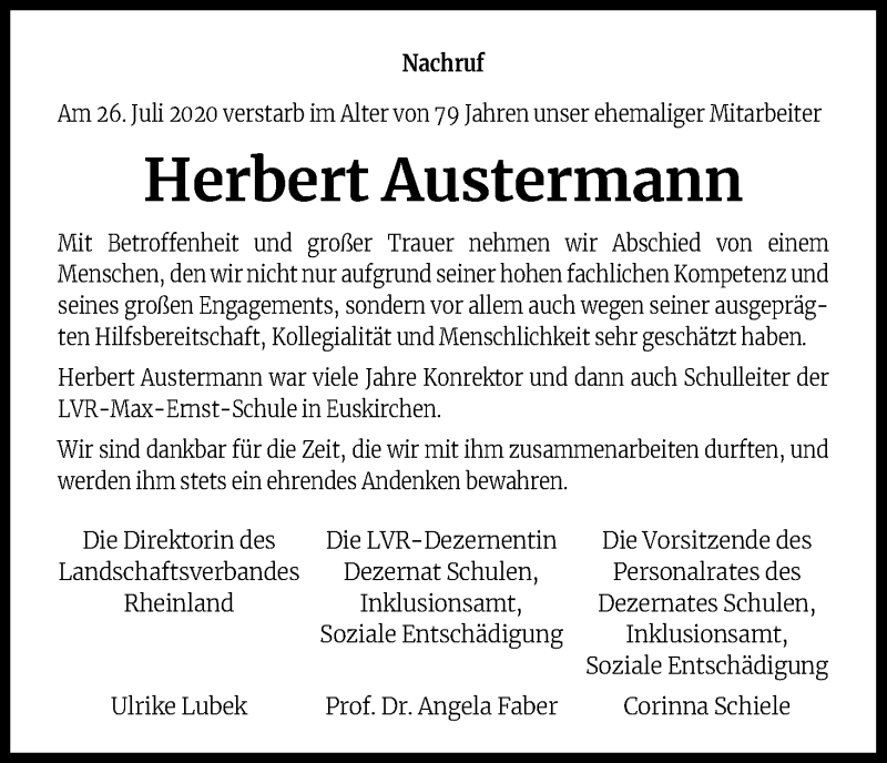  Traueranzeige für Herbert Austermann vom 04.09.2020 aus Kölner Stadt-Anzeiger / Kölnische Rundschau / Express