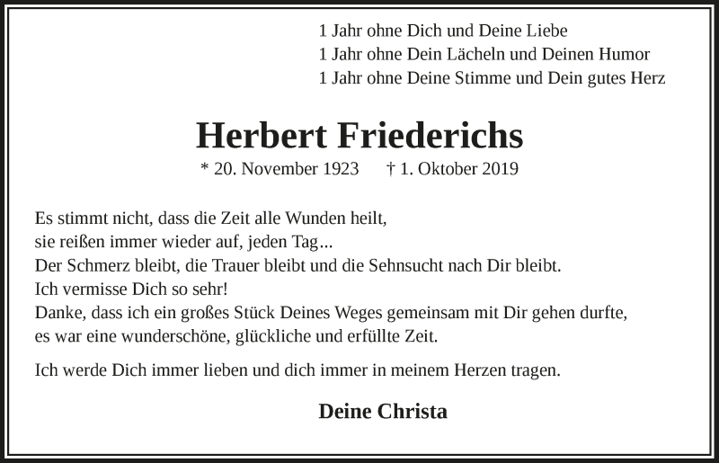  Traueranzeige für Herbert Friederichs vom 01.10.2020 aus  Lokalanzeiger 