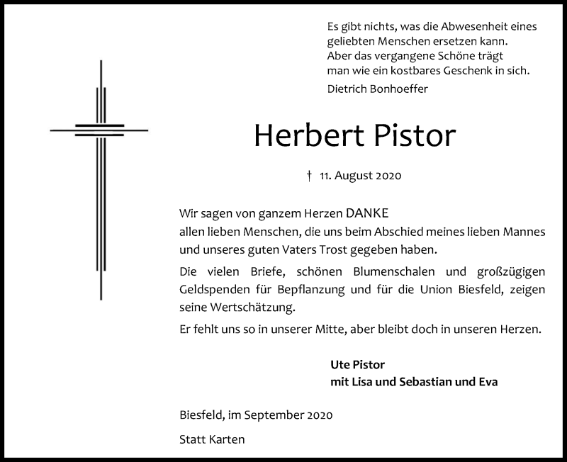  Traueranzeige für Herbert Pistor vom 26.09.2020 aus Kölner Stadt-Anzeiger / Kölnische Rundschau / Express