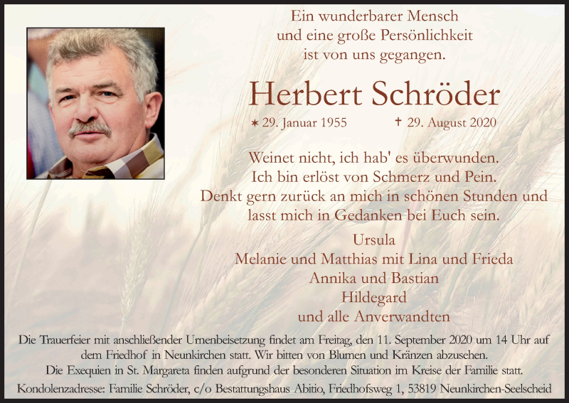 Traueranzeige für Herbert Schröder vom 05.09.2020 aus Kölner Stadt-Anzeiger / Kölnische Rundschau / Express