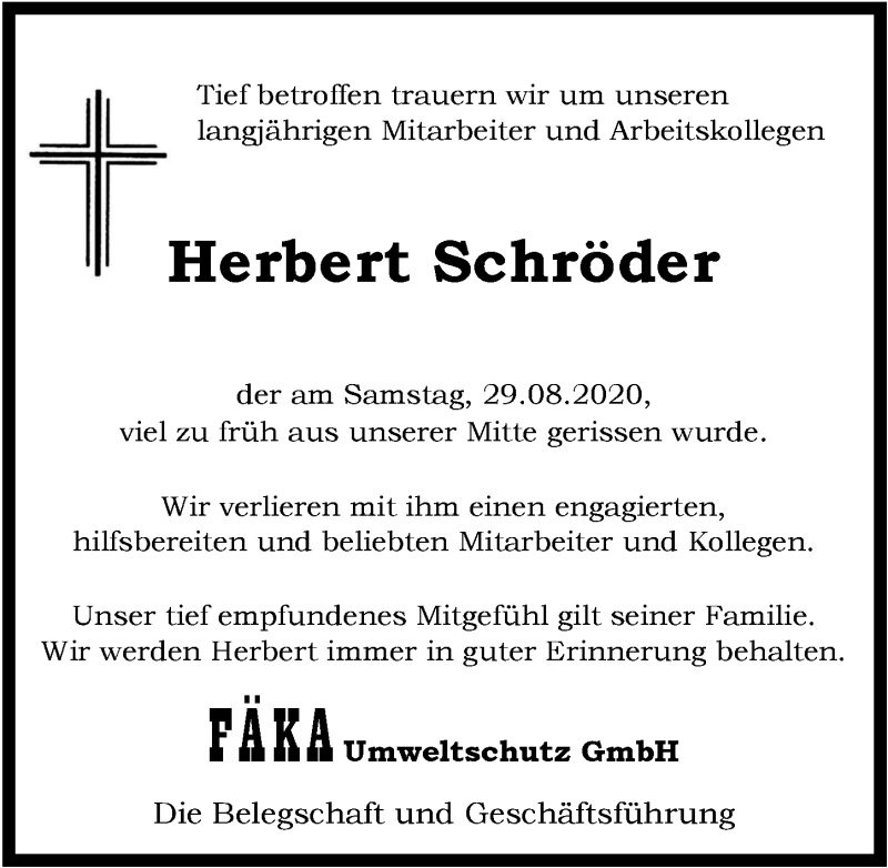  Traueranzeige für Herbert Schröder vom 04.09.2020 aus  Extra Blatt 