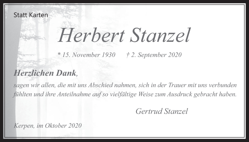  Traueranzeige für Herbert Stanzel vom 01.10.2020 aus  Werbepost 