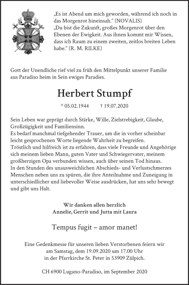  Traueranzeige für Herbert Stumpf vom 12.09.2020 aus  Blickpunkt Euskirchen 