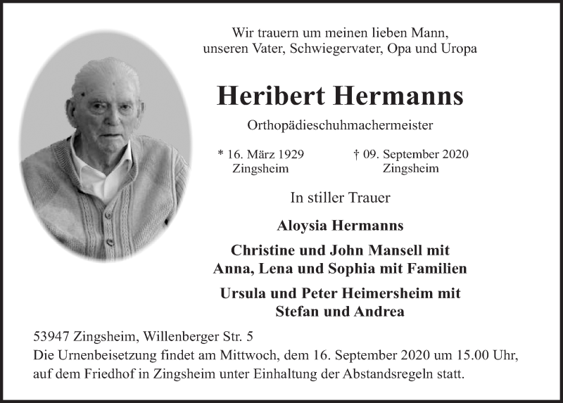  Traueranzeige für Heribert Hermanns vom 12.09.2020 aus  Blickpunkt Euskirchen 