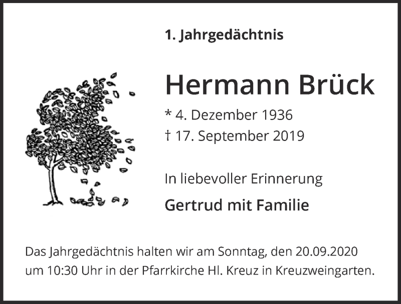  Traueranzeige für Hermann Brück vom 12.09.2020 aus  Blickpunkt Euskirchen 