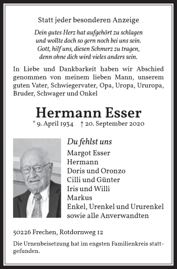 Anzeige von Hermann Esser von  Wochenende 