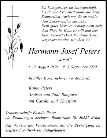 Anzeige von Hermann-Josef Peters von Kölner Stadt-Anzeiger / Kölnische Rundschau / Express