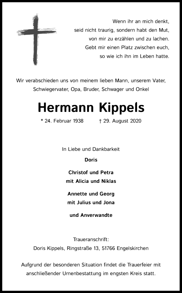  Traueranzeige für Hermann Kippels vom 05.09.2020 aus Kölner Stadt-Anzeiger / Kölnische Rundschau / Express