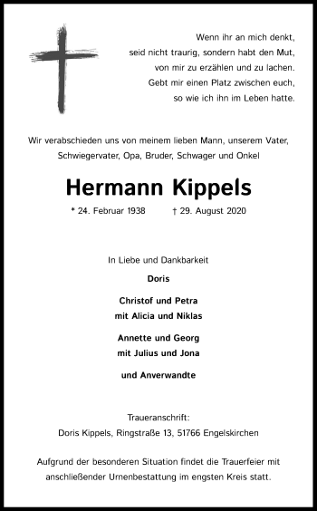 Anzeige von Hermann Kippels von Kölner Stadt-Anzeiger / Kölnische Rundschau / Express