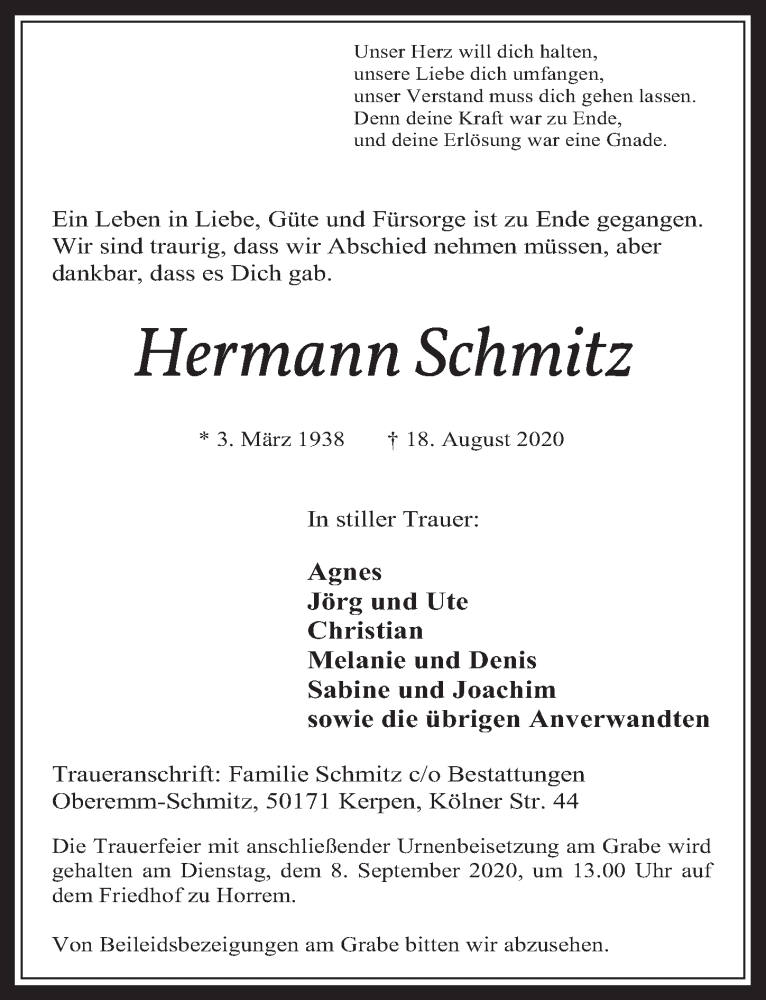  Traueranzeige für Hermann Schmitz vom 04.09.2020 aus  Werbepost 