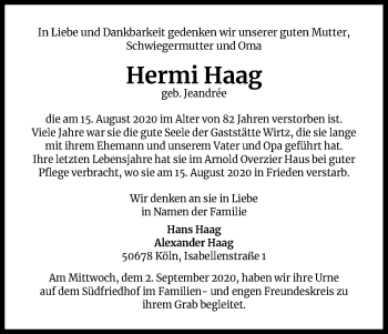 Anzeige von Hermi Haag von Kölner Stadt-Anzeiger / Kölnische Rundschau / Express