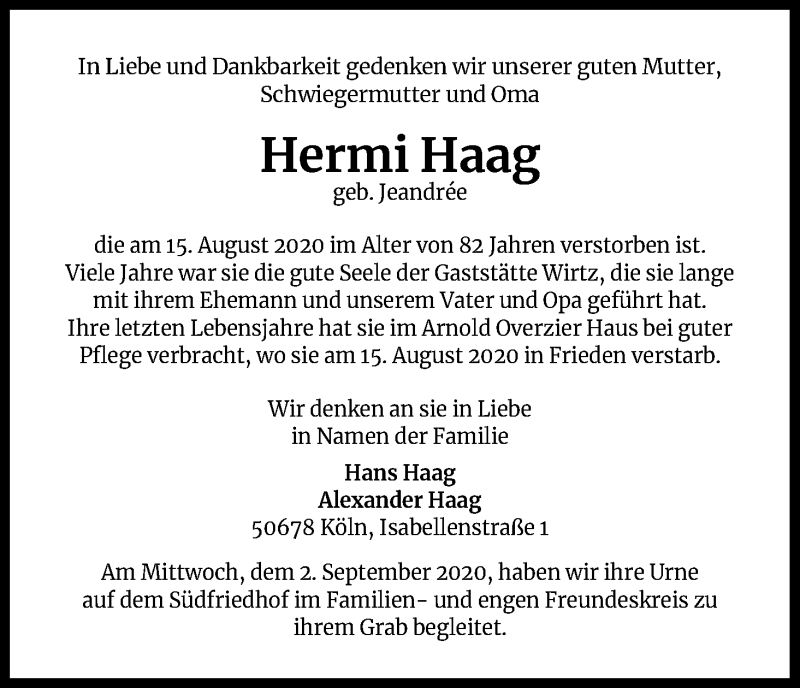  Traueranzeige für Hermi Haag vom 05.09.2020 aus Kölner Stadt-Anzeiger / Kölnische Rundschau / Express