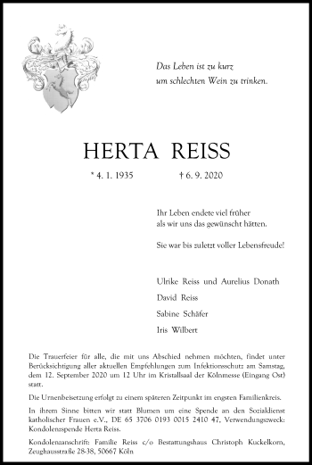 Anzeige von Herta Reiss von Kölner Stadt-Anzeiger / Kölnische Rundschau / Express