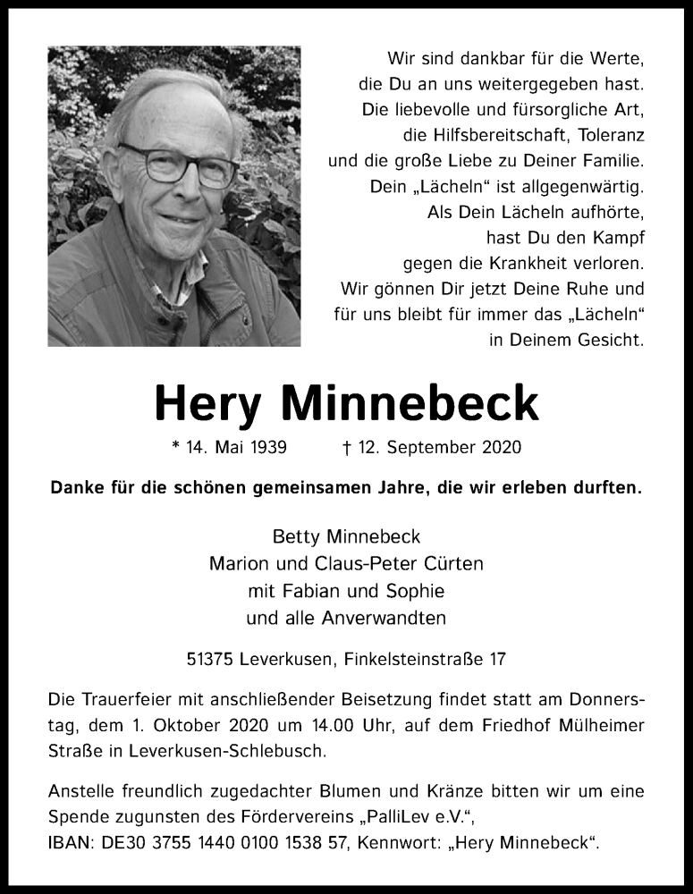  Traueranzeige für Hery Minnebeck vom 19.09.2020 aus Kölner Stadt-Anzeiger / Kölnische Rundschau / Express