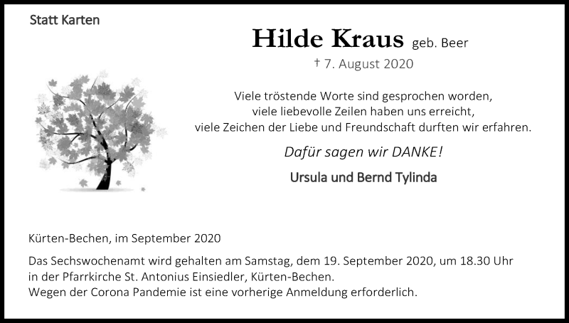  Traueranzeige für Hilde Kraus vom 12.09.2020 aus Kölner Stadt-Anzeiger / Kölnische Rundschau / Express