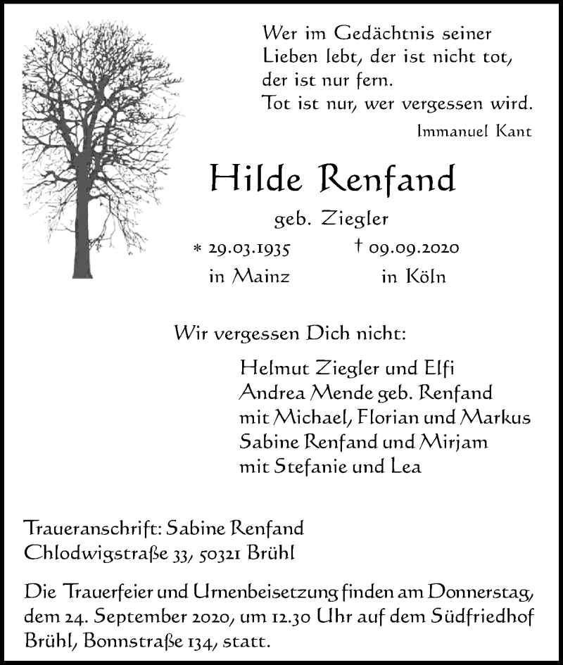  Traueranzeige für Hilde Renfand vom 19.09.2020 aus Kölner Stadt-Anzeiger / Kölnische Rundschau / Express