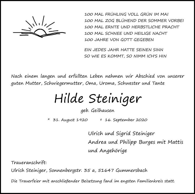  Traueranzeige für Hilde Steiniger vom 26.09.2020 aus Kölner Stadt-Anzeiger / Kölnische Rundschau / Express