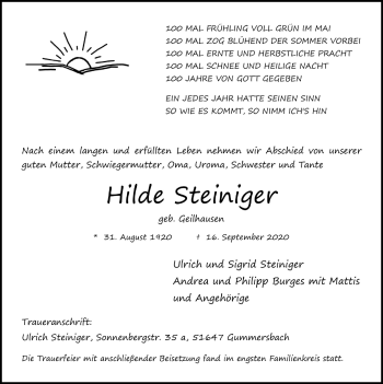 Anzeige von Hilde Steiniger von  Anzeigen Echo 