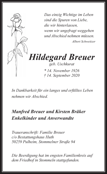 Anzeige von Hildegard Breuer von  Wochenende 