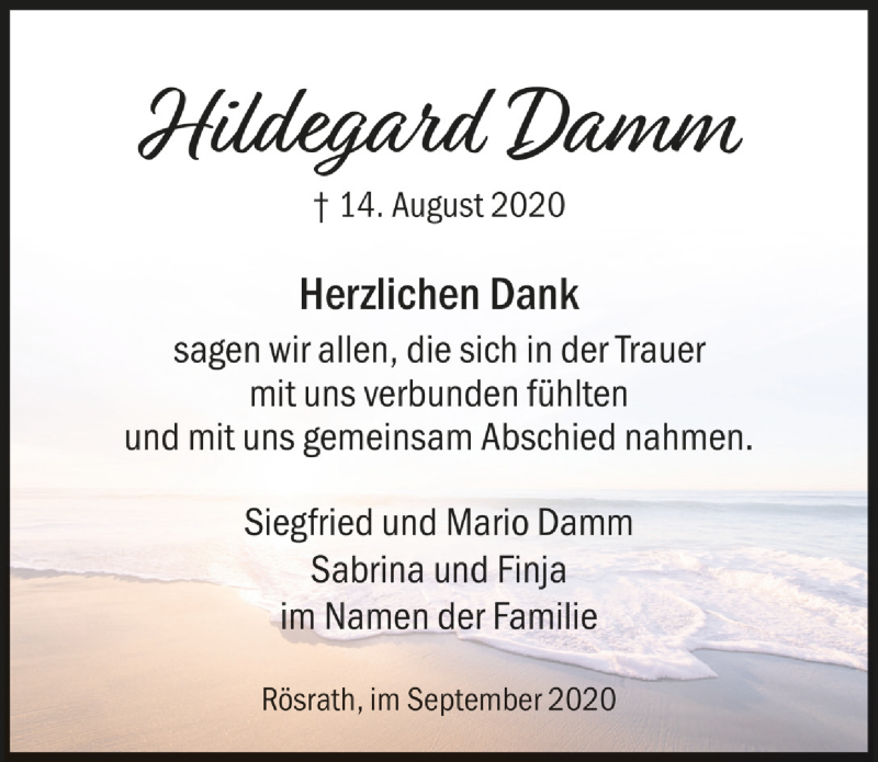  Traueranzeige für Hildegard Damm vom 11.09.2020 aus  Bergisches Handelsblatt 
